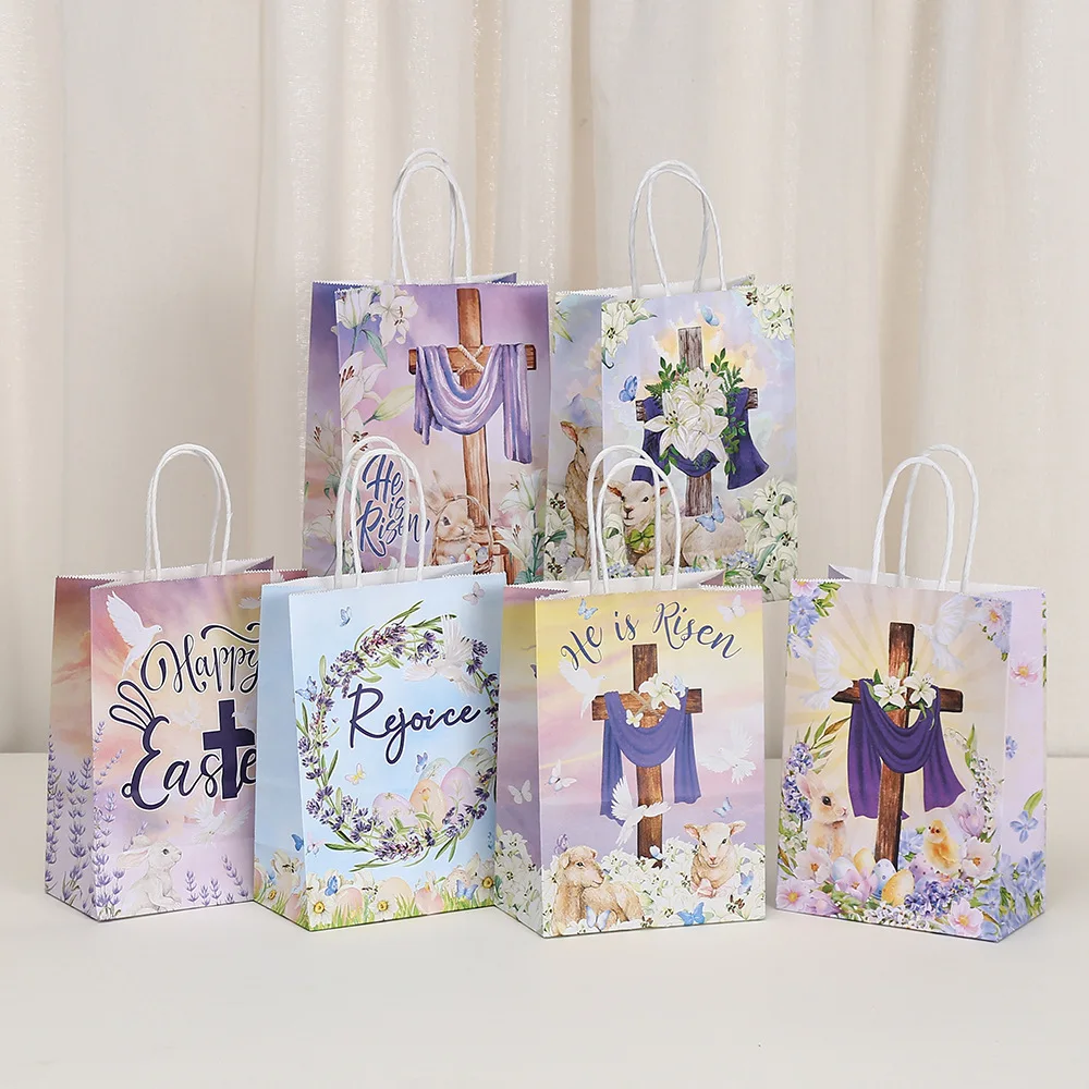 6Pcs He Is Risen Theme Paper Gift Packing Bag Cross Shopping Candy Tote Bag for Happy Easter Baby Shower Birthday Party Decor