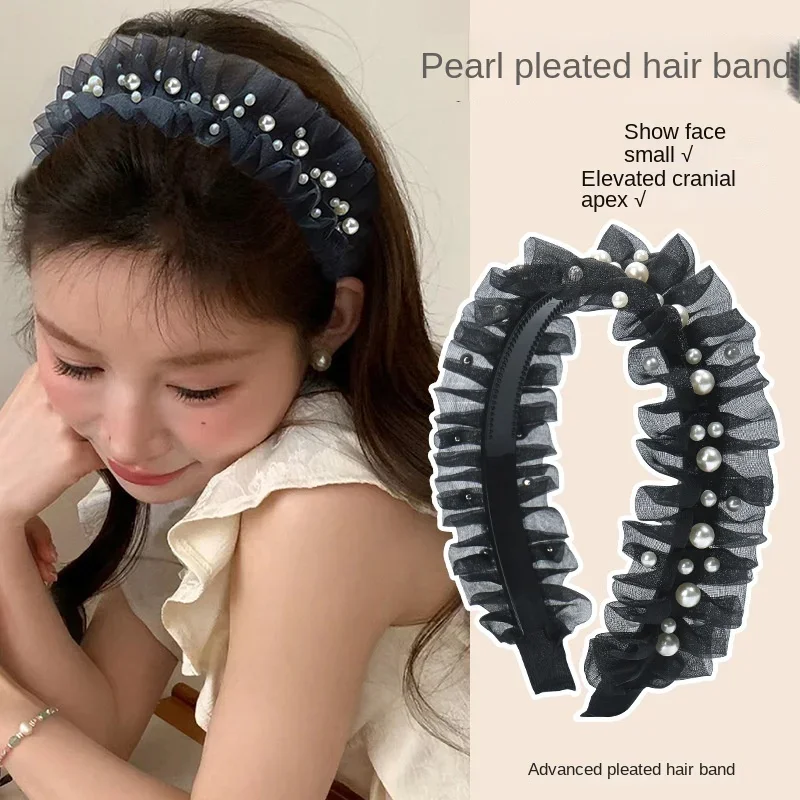 Stylish and Luxurious Pearl Black Headband with Net Yarn, Audrey Style and High-end Feeling for Women's Fashionable Outfits