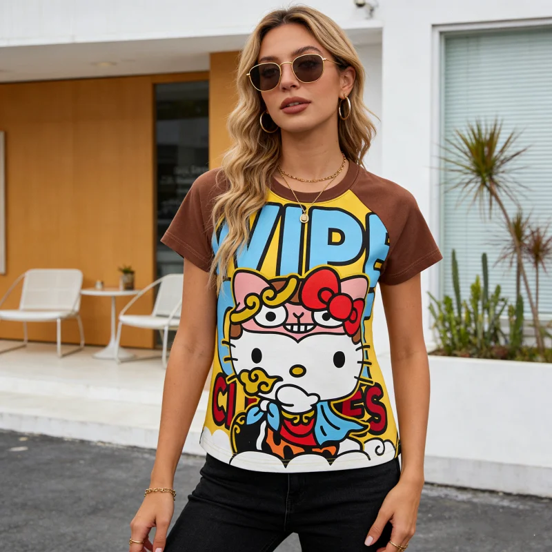 Cartoon Hello Kitty retro y2k shoulder sleeve short sleeve t-shirt women's summer short hottie slim small front shoulder top