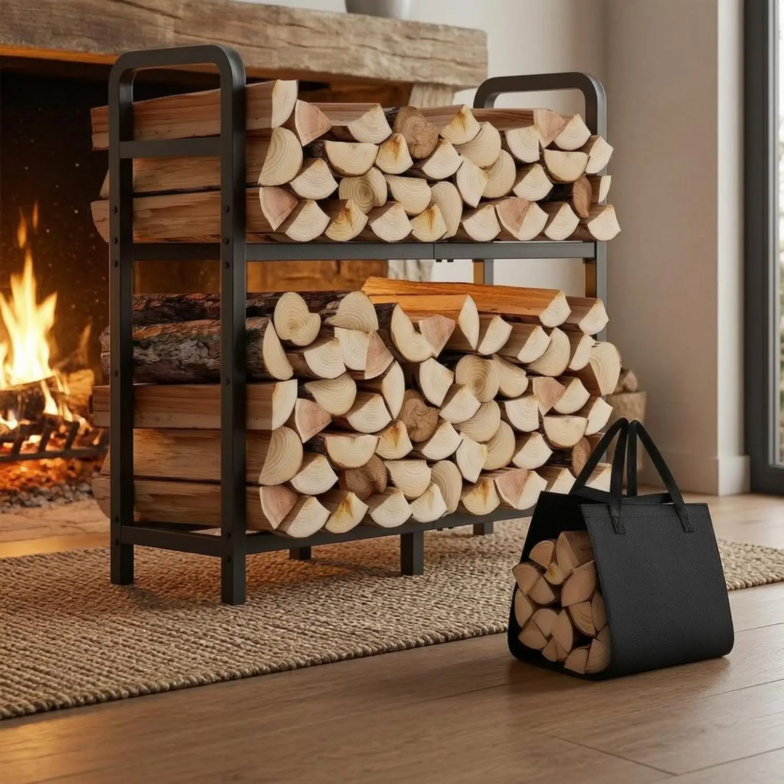 Two Tier Firewood Rack Heavy Duty Carbon Steel Log Storage Stand for Hearth Fireplace with Black Bag
