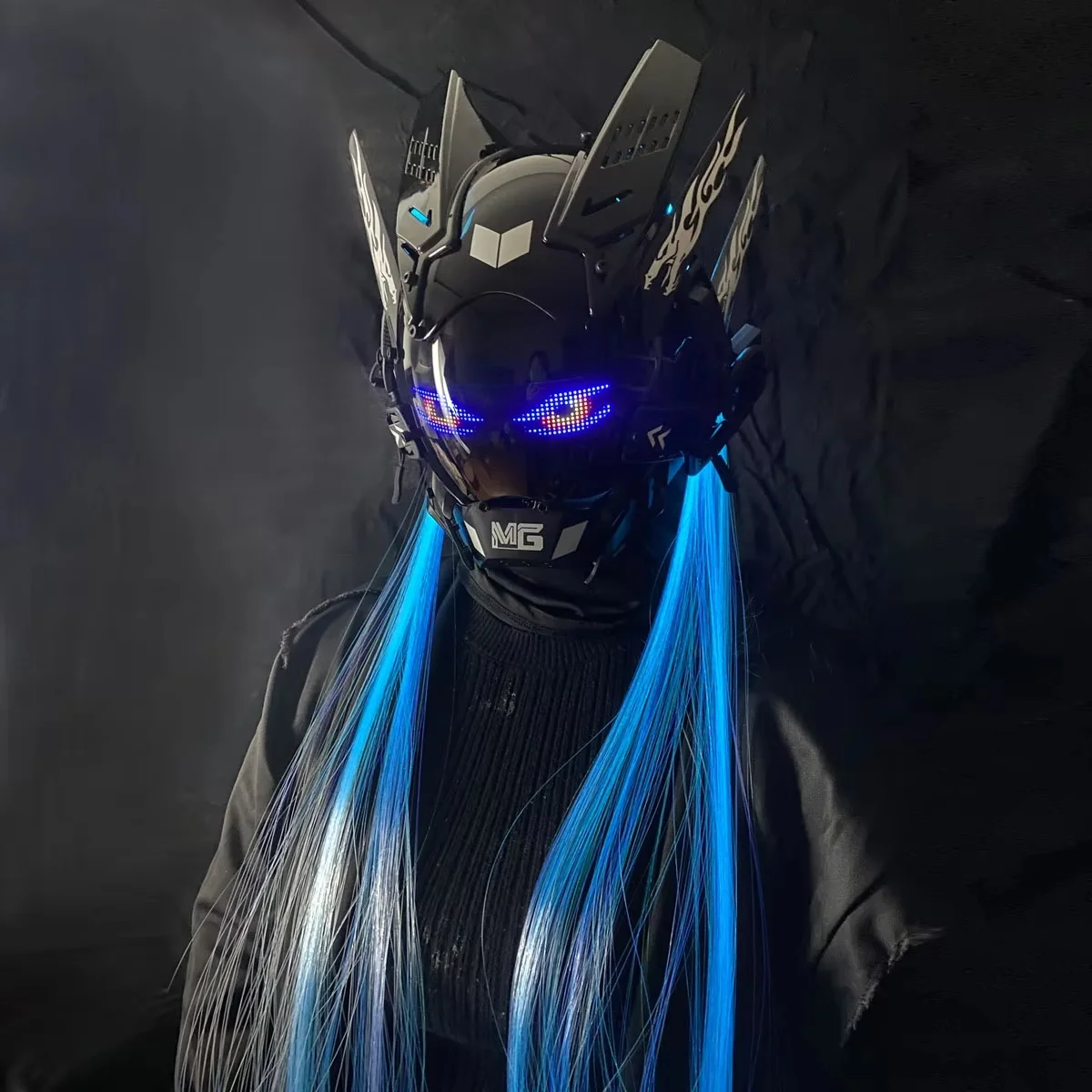Sci-Fi Mech Warrior Mask With LED Screen Cosplay Costumes With Light Braids Halloween Bar Party Coser Props Gift Cyber Punk Mask