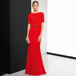Elegant Red Scoop Neck Short Sleeves Mother of the Bridal Dresses Floor Length High End Custom Dress for Women فساتين السهرة
