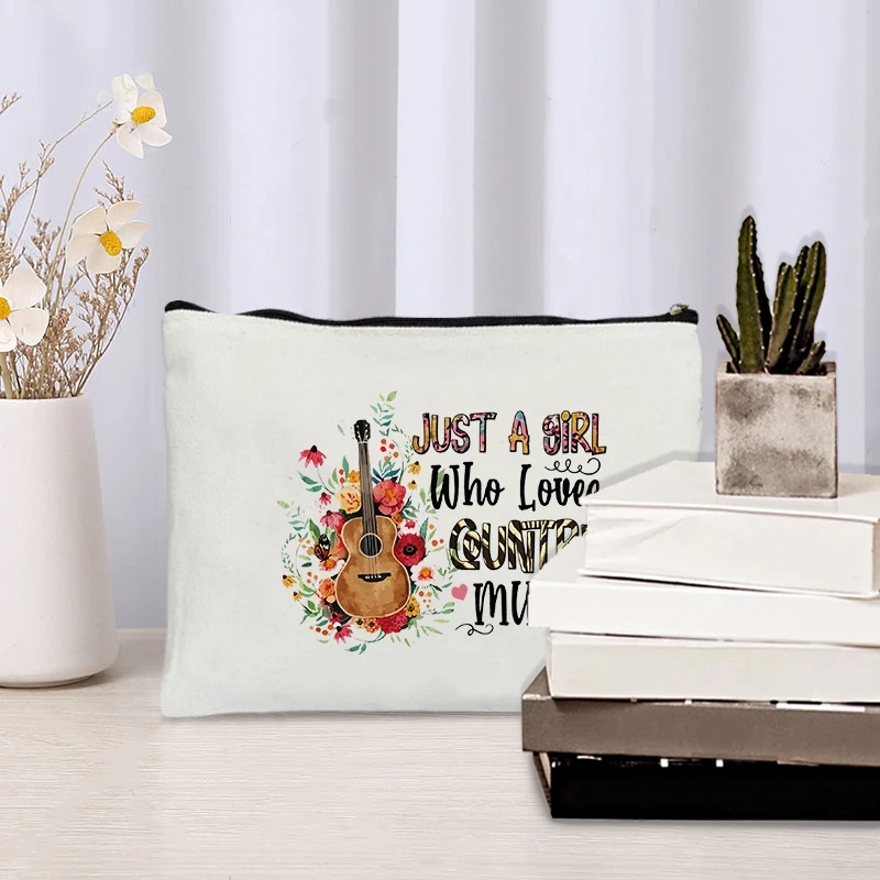 Just A Girl Who Loves Country Music Pattern Makeup Bag Country Music Lover Gift Cosmetic Kit Women Toiletry Pouch Pencil Case