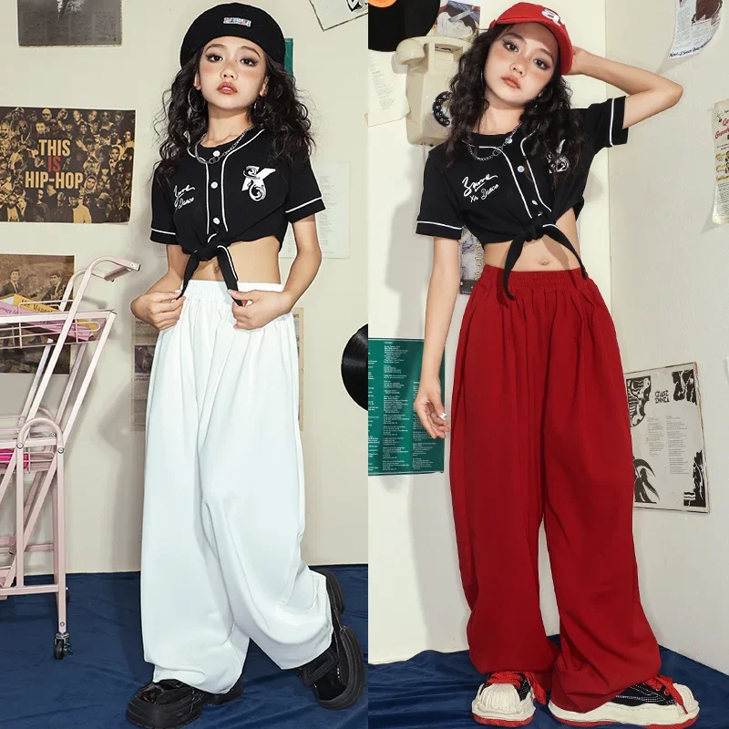 Girls Wide Leg Pants  Lace-Up T-Shirt Jazz Dance Cool Performance Practice Set Loose-Fitting Hip-Hop Clothing