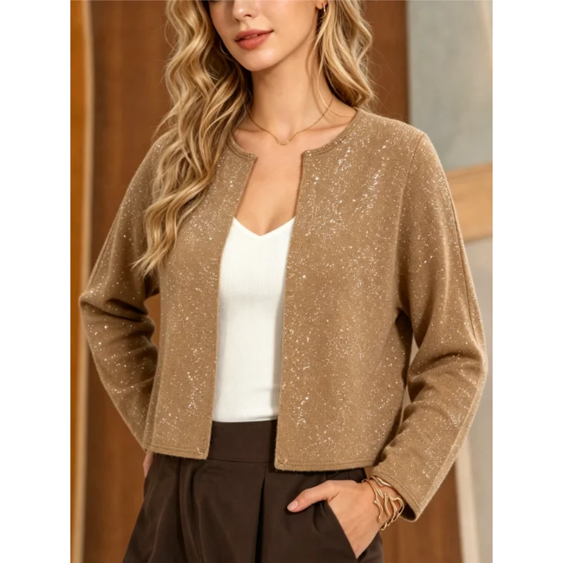 New Women Short Jacket Autumn Open Front Cropped Shirt Long Sleeve Sparkly Print Casual Party Daily Outerwear UK Fashion Tops
