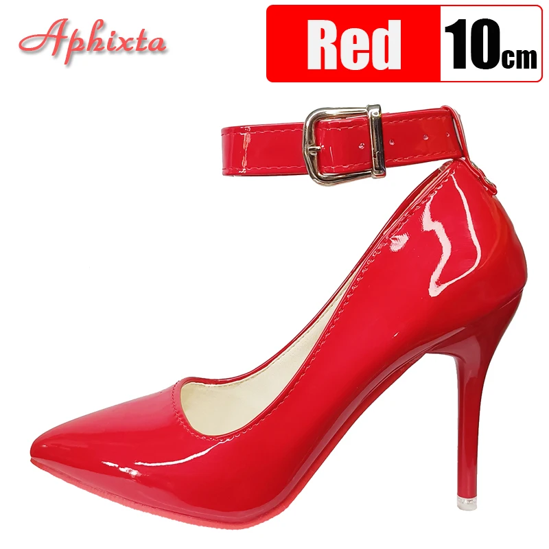 Aphixta 10cm/12cm sabuk logam gesper Stiletto Heels Pumps sepatu pesta wanita paku keling gesper tali Pimp ujung runcing ukuran 48 49 50