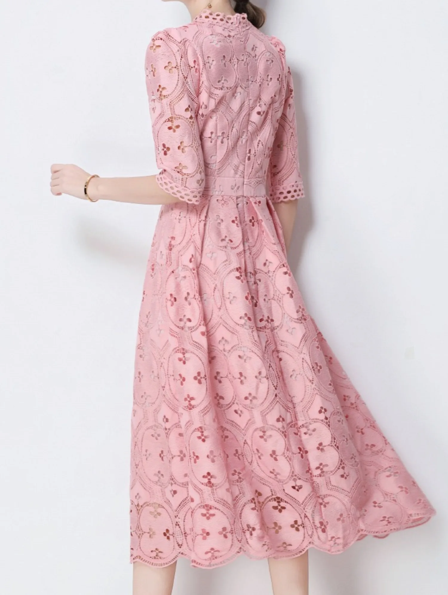 فستان وردي مجوف للنساء برقبة دائرية صيفي عالي الخصر أنيق فيستدوس ملابس خروج أنيقة عتيقة للسيدات