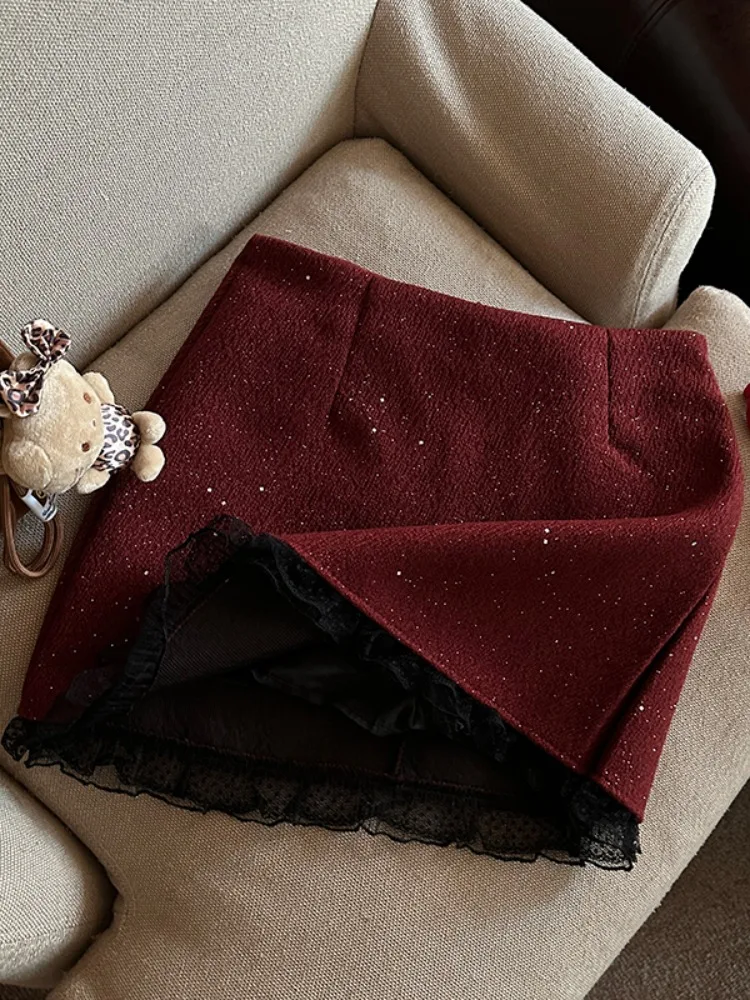 Pure Desire Lace Trim Sequin Woolen  Skirt Women's Short A-Line Skirt Autumn Winter New Small Fragrance Style Skirt