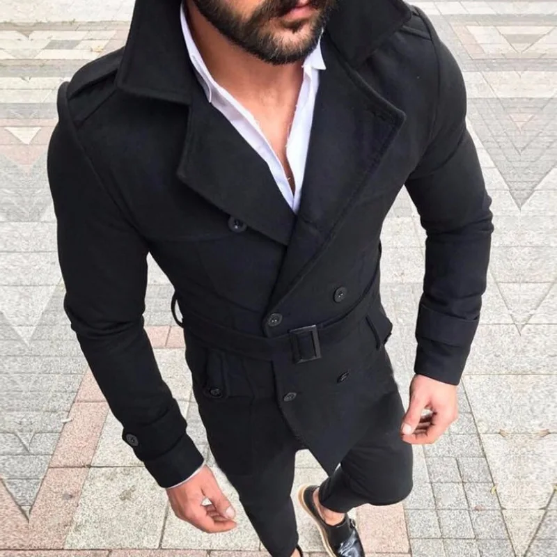 Casaco de lã masculino lapela duplo breasted casual trench coat casaco de lã contendo cinto