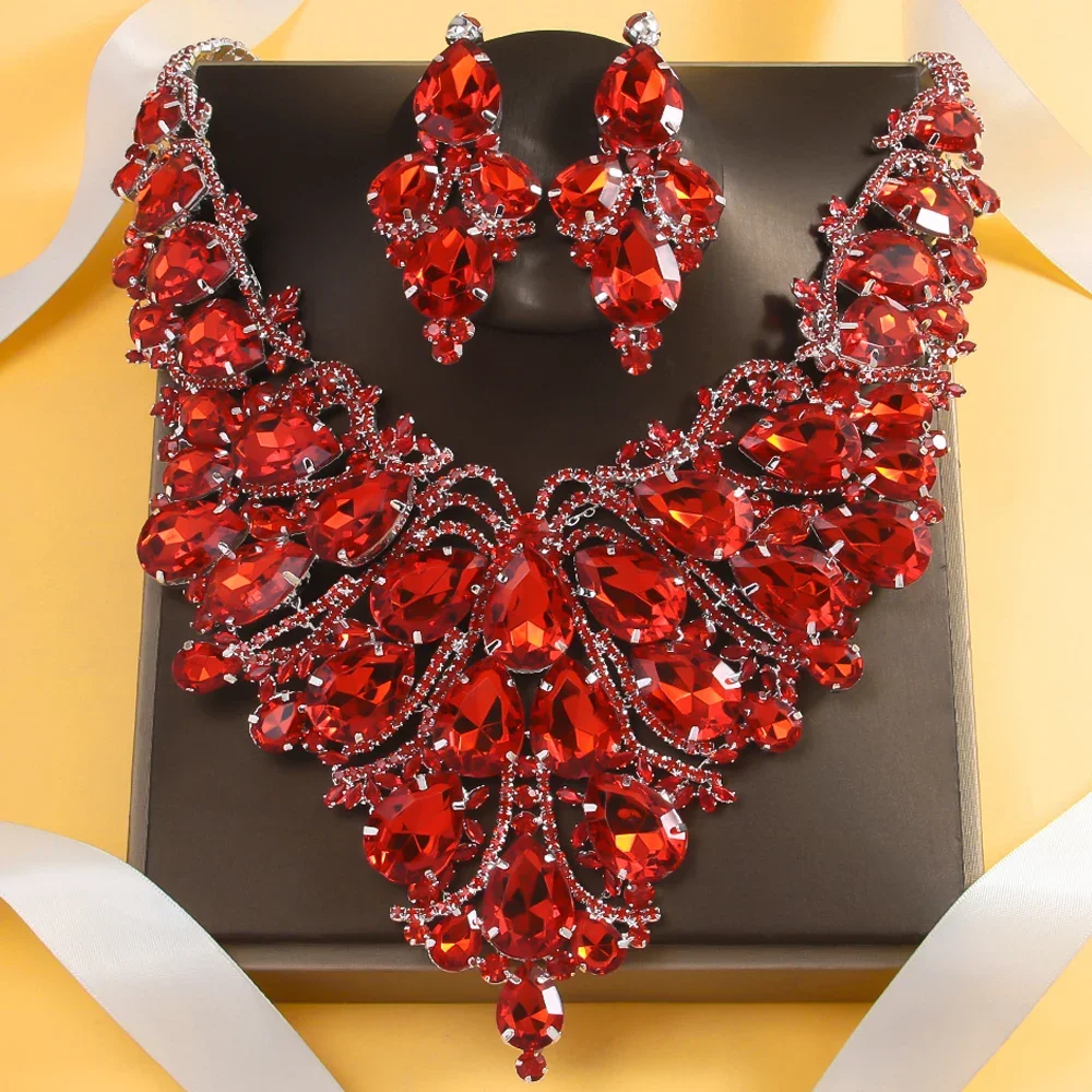 

Red Crystal Exaggerate Jewelry Set Luxury for Women Bridal Large Water Drop Pendant Necklace Earrings Sets Dubai Wedding Gift