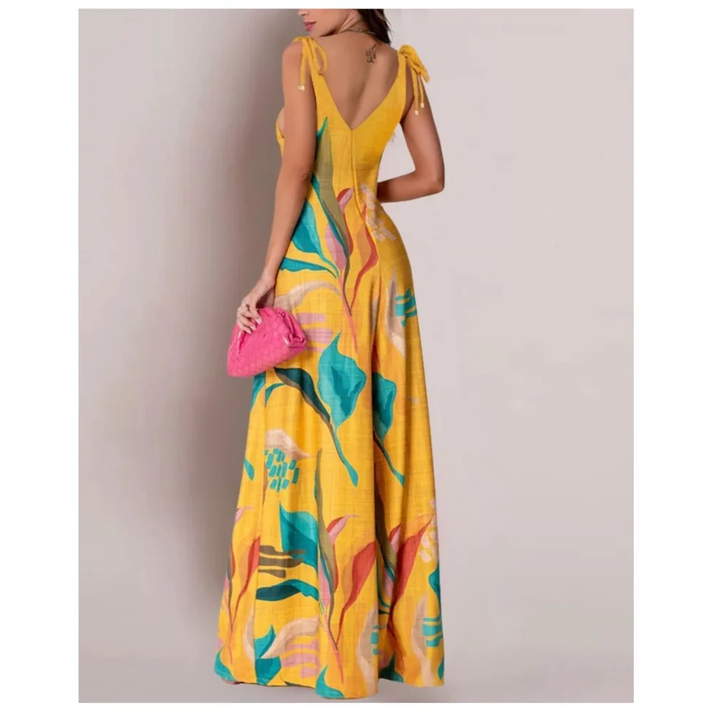 

Women's Fashion Printed V Neck Lace Up Jumpsuit Summer New Simple Casual Pocket Vest Wide-leg Jumpsuit Long Pants Female 2025