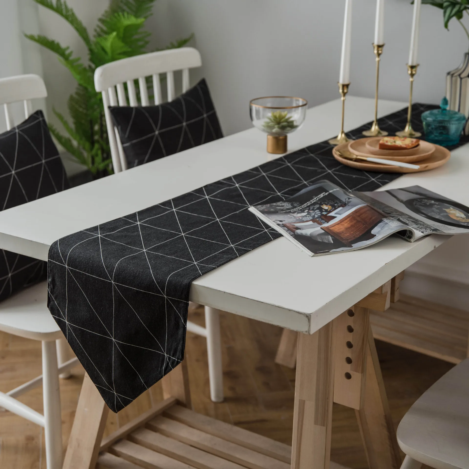 พิมพ์ตารางธงเรขาคณิต Checkerboard สีดําและสีขาว Double-Layer CRAFT ชาตารางประเทศผ้าตกแต่ง