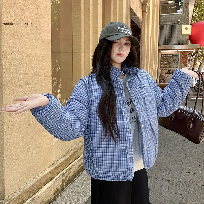 Loose Thick Down Women Cotton Jacket Overcoat Winter Warm Plaid Removable Sleeve Women Cotton Jacket