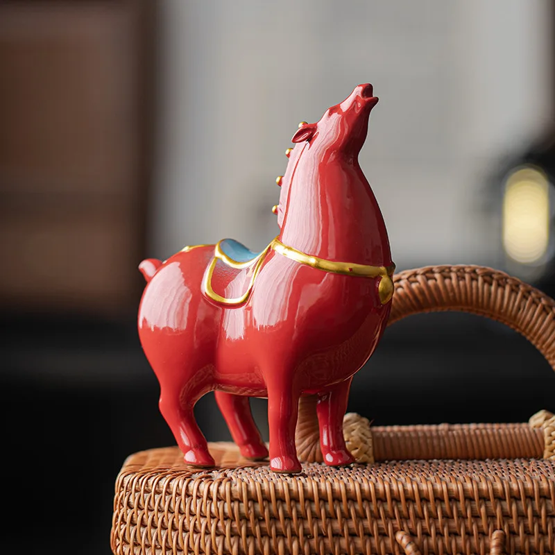 

Red Porcelain Tang Horse Statue, Tea Pet, Lucky Horse, Animal Sculpture, Home Feng Shui Decoration, Living Room Ornaments, Gifts