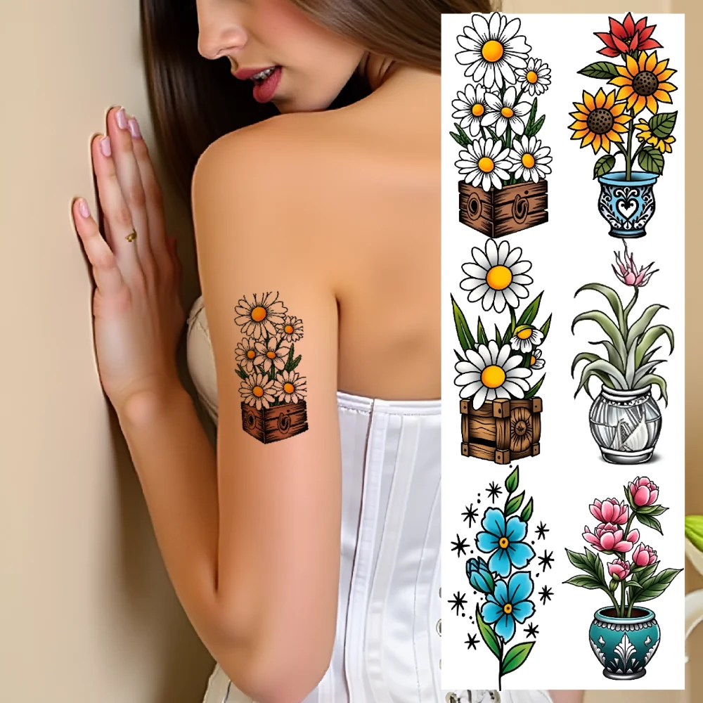 

28pcs Temporary Tattoo New School Traditional Daisy Chest Blue Flowers Cactus Pot For Chest Arms Adults