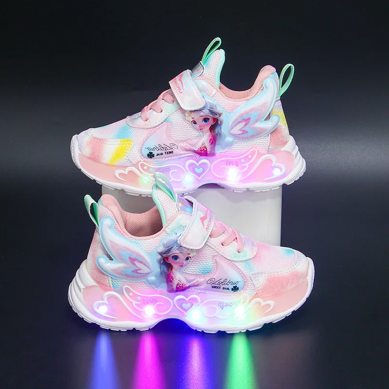 

Kids'Casual Shoes Led Light Elsa Princess Frozen PU Leather Autumn Running Shoes For Children Anti-slip Purple Pink Size 22-36