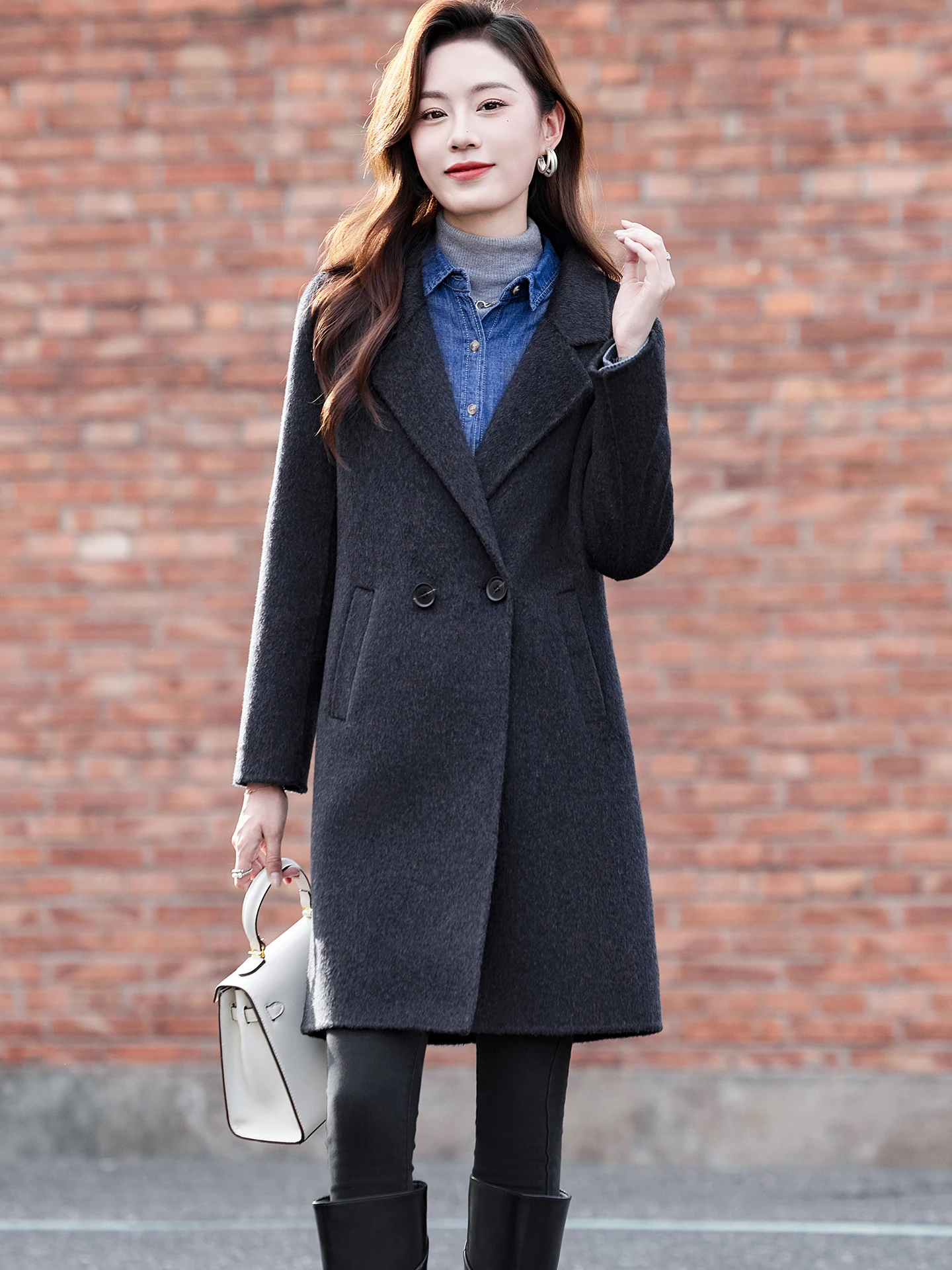 Hebe Sle Women's Woolen Coat Double-Faced Camere Slim Fit Mid-Length Korean Version Autumn Winter New Faion Outerwear
