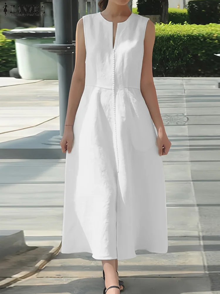 ZANZEA 2025 été Maxi Robe longue femmes col en V sans manches Robe d'été élégant décontracté vacances fête robes solide Robe de travail Femme