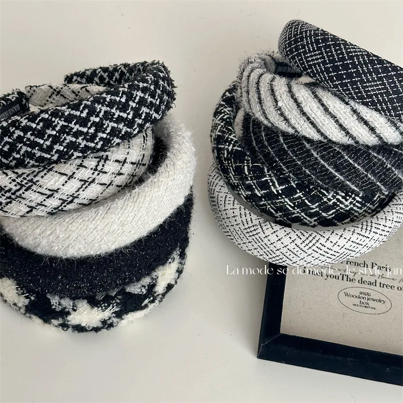 

New Wool Padded Headband Fabric Hair Rope Black White Plaid Grid Hairband Elegant Vintage Women Hair Accessories