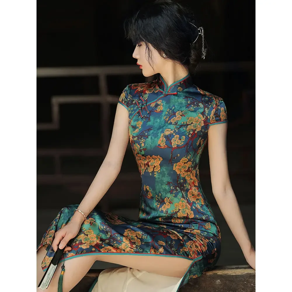 Estampas de mistura de algodão feminino vestido cheongsam manga curta, vestidos slim fit, estilo tradicional chinês, qipao, verão, 2024