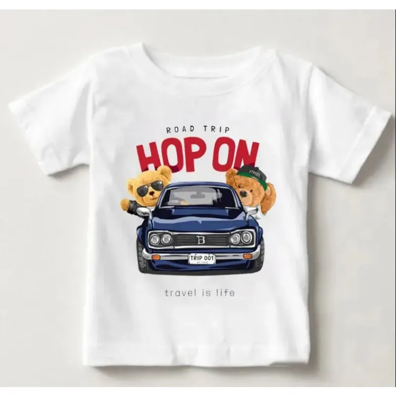 Camisetas blancas con estampado de oso y coche para niños y niñas, ropa divertida para bebés, Harajuku, Verano