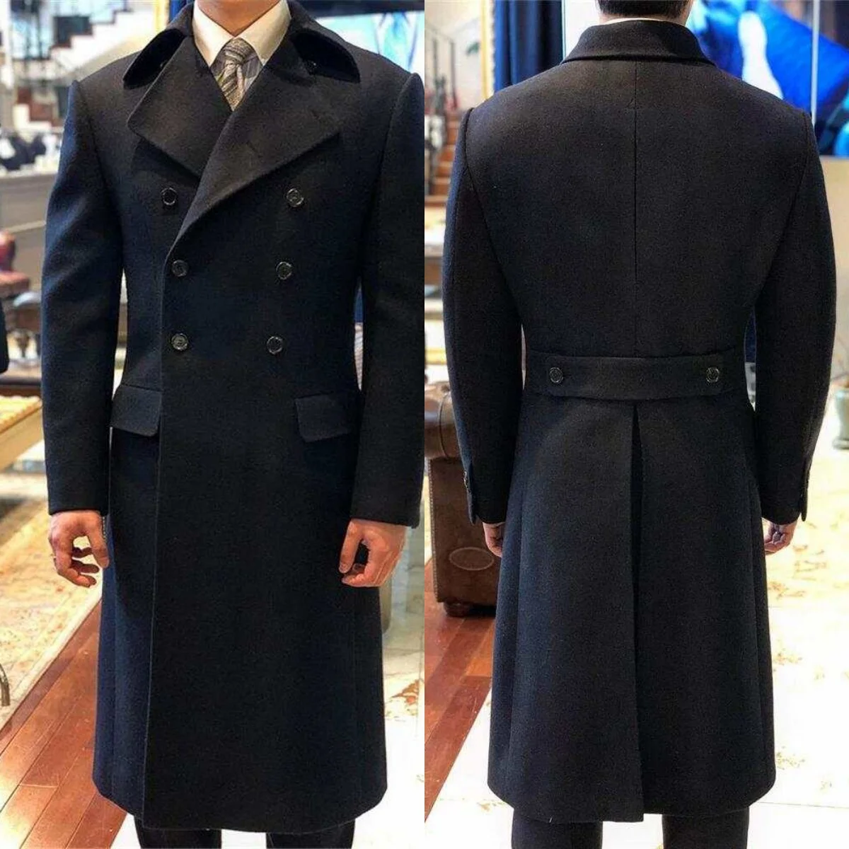 

Vintage Men Long Coat Double Breasted Wool Blends Business Blazers Fashion Wedding Prom Event Jacket Overcoat Customized