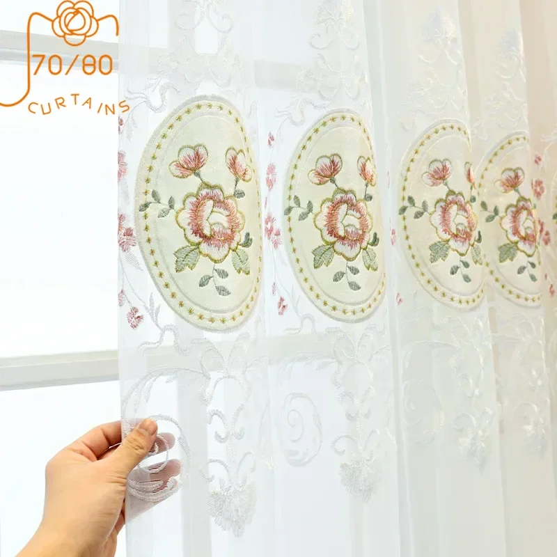 

European Style Window Screen Embroidery White Gauze Curtain Fabric High-grade Lace Embroidery Screen Solid Color Floating