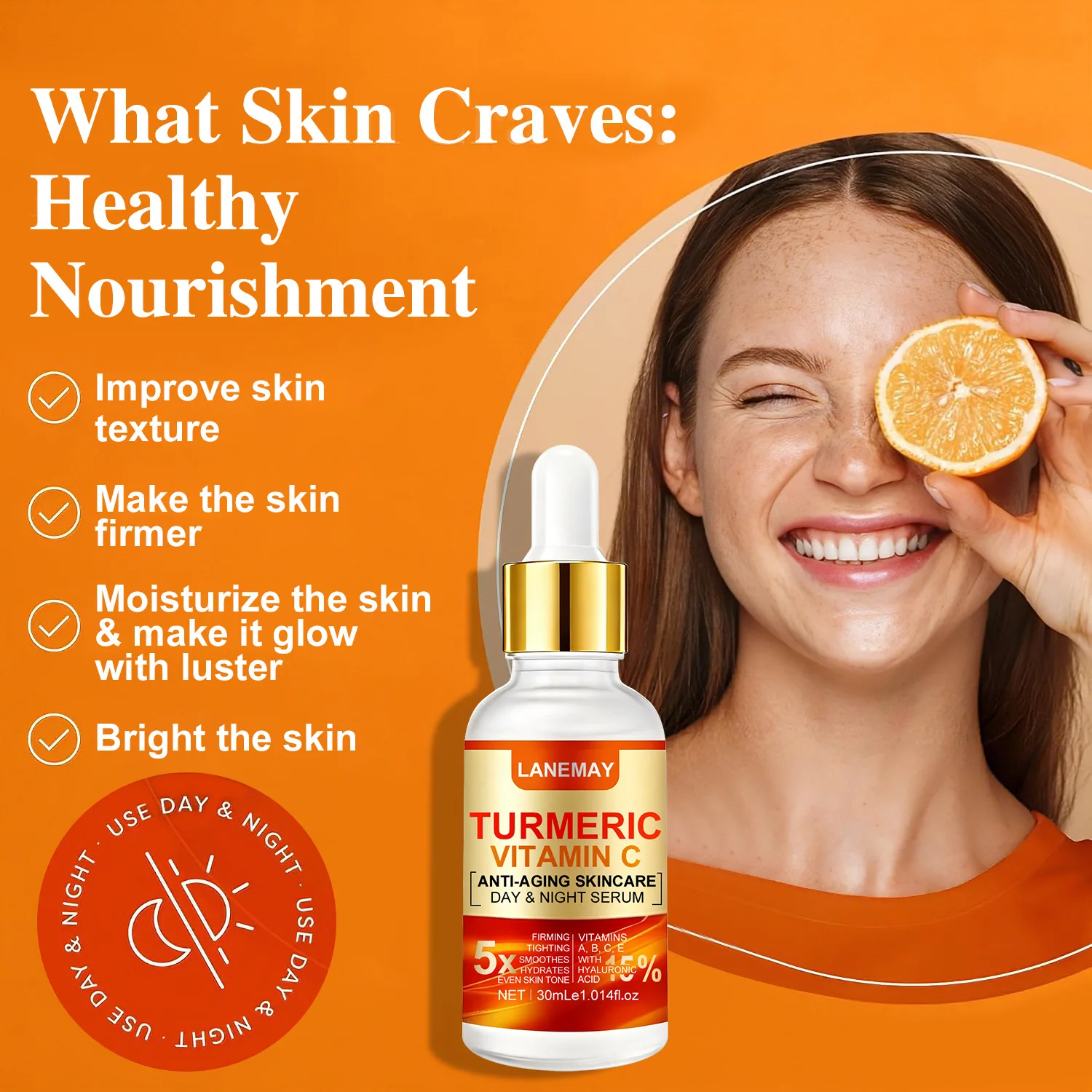 Turmeric Vitamin C Anti-Aging Day & Night Serum 30ml - 5% Brightening & Firming - Intensive Hydration for All Skin Types.