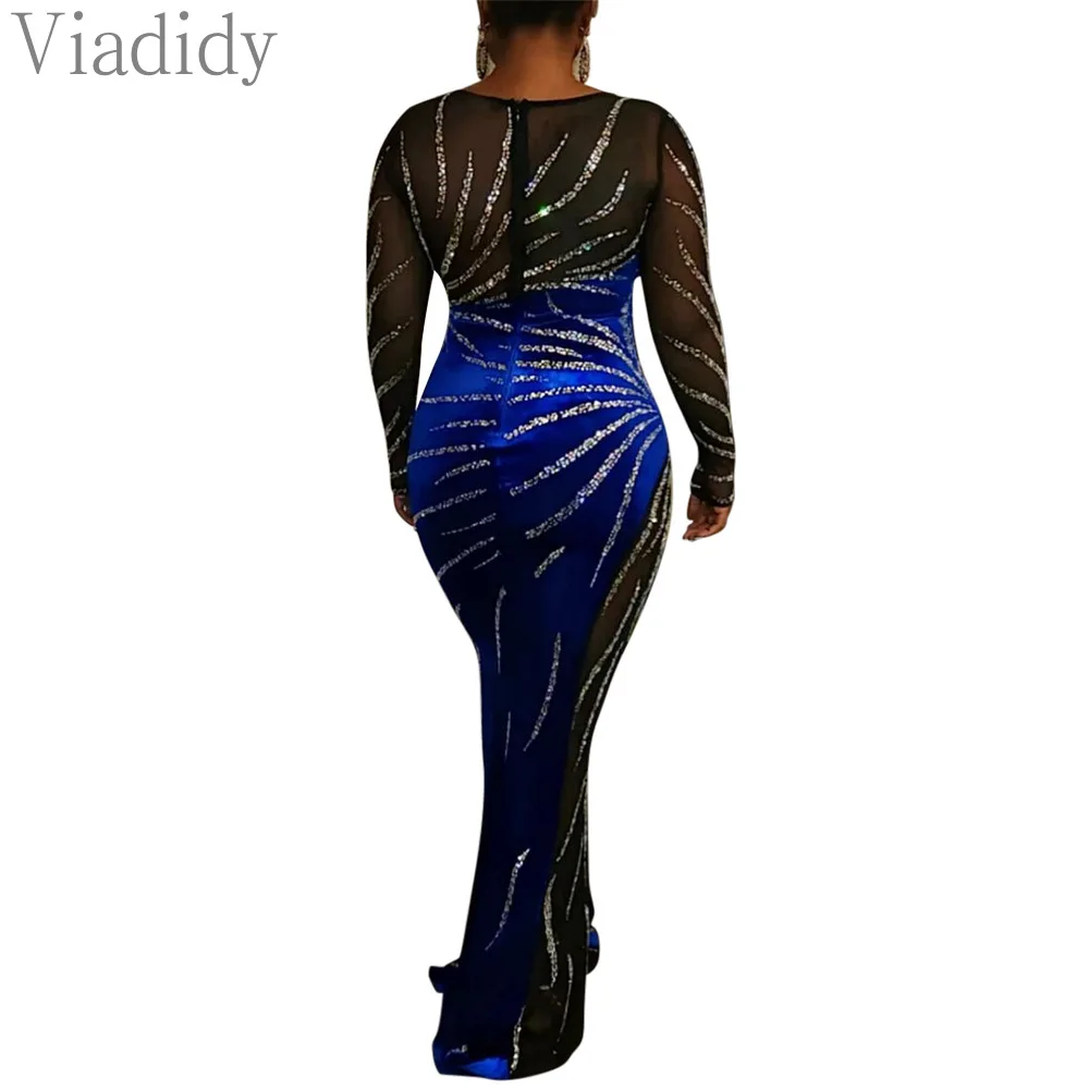 Women Sexy See Through Sheer Mesh Spliced Rhinestone Decor Floor-length Velvet Party Dress