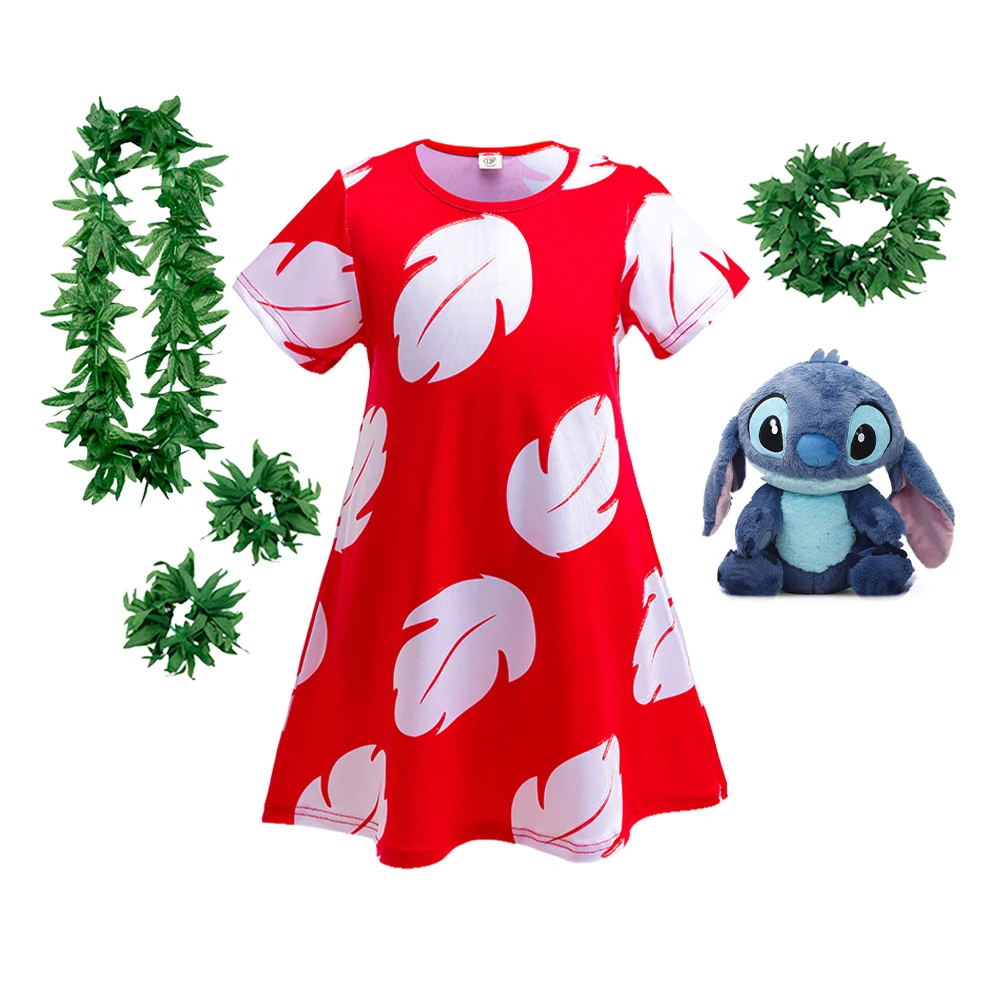 Girls Lilo Dress Set Hawaii Children Red Frock Featured with White Feather Print Summer Beach Party Clothes