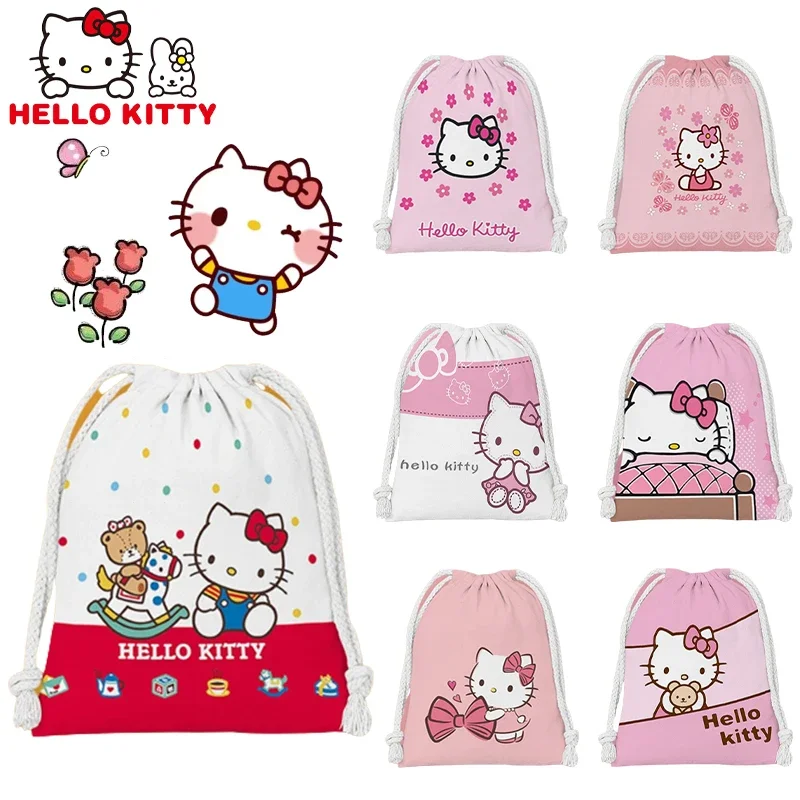 Hello Kitty Drawstring Pocket Storage Bag Cute Cartoon Printing Water Proof Women Girl Portable Folding Bag Drawstring Bag Gift