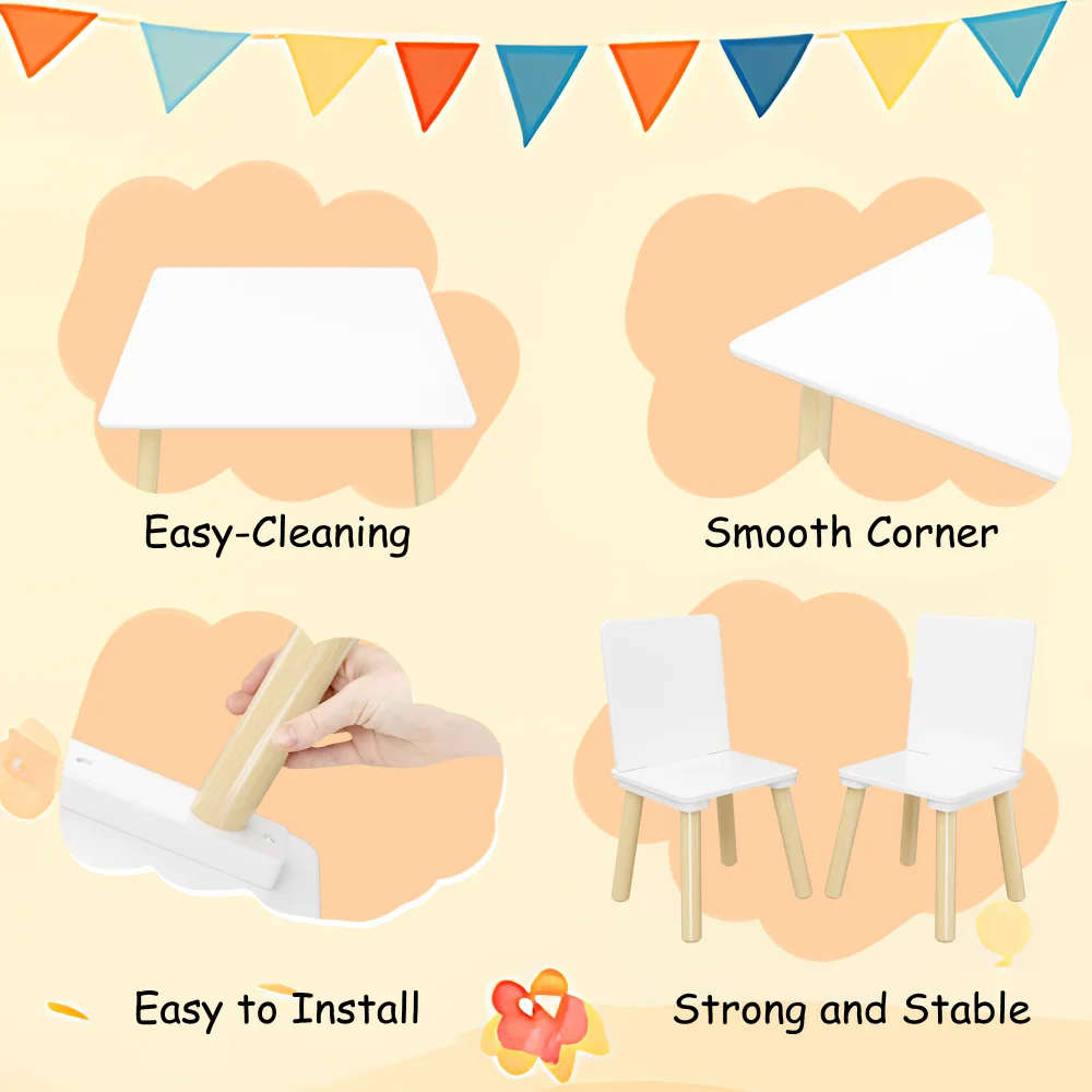 Orraves Kids Table and 2 Chairs Set, 3 Pieces Toddler Table and Chair Set, Wooden Activity Play Table Set (White) view 6