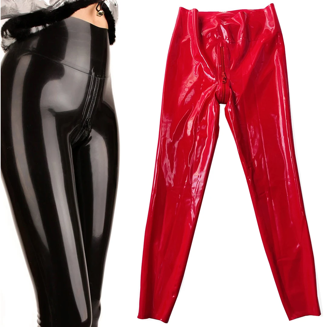 Latex Gummi High Waist  Women Men Pants Dance Rubber Tight Leggings with Crotch Zip Handmade Clothing S-LTW078