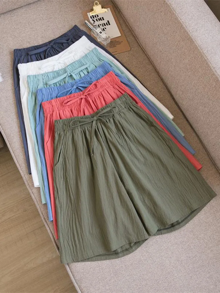 Women Cotton shorts Summer Casual Solid Two Pockets shorts high waist loose shorts for girls Soft Cool female shorts