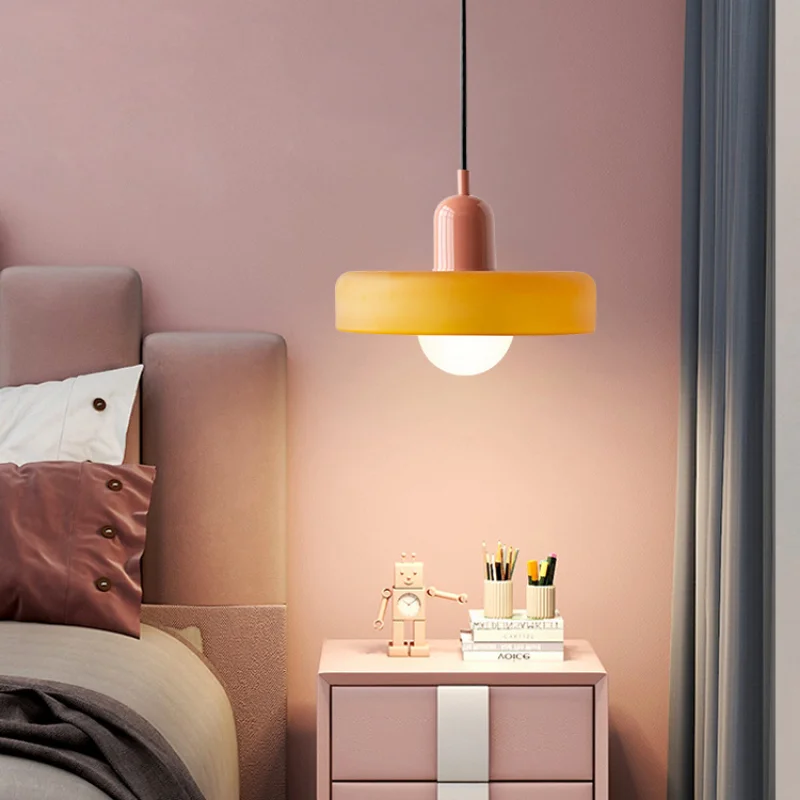 Canteen Nordic Modern Simple Color Makaron Bedroom Bedside Bar Table Middle Ancient Small Glass Chandelier Pendant Lamp