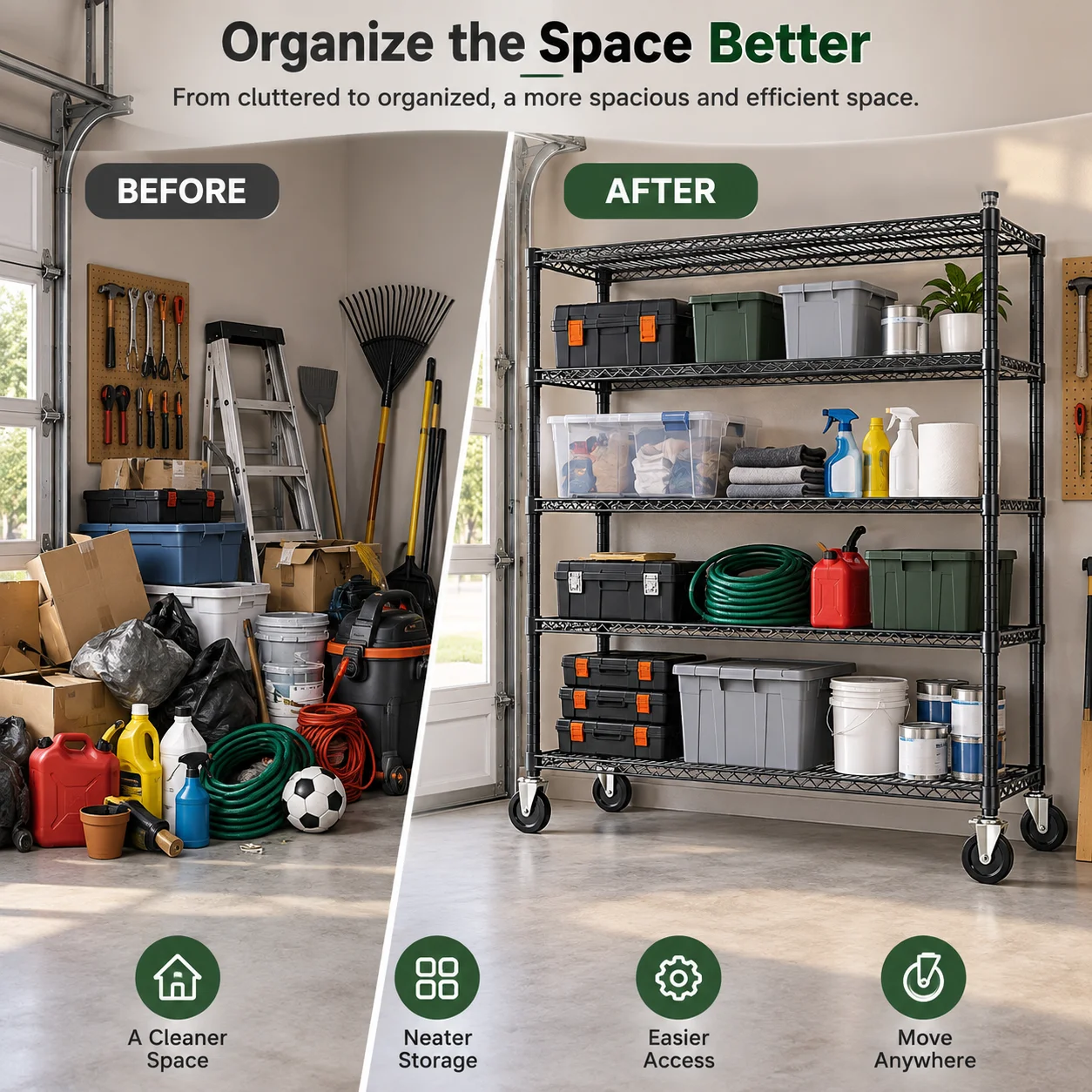 Mobile Carbon Steel Storage Rack with Oversized Wheels 4 or 5 Tier Industrial Shelving Unit 59 Inch Wide Garage Organizer for Warehouse Workshop Basement 18 or 24 Inch Depth Options