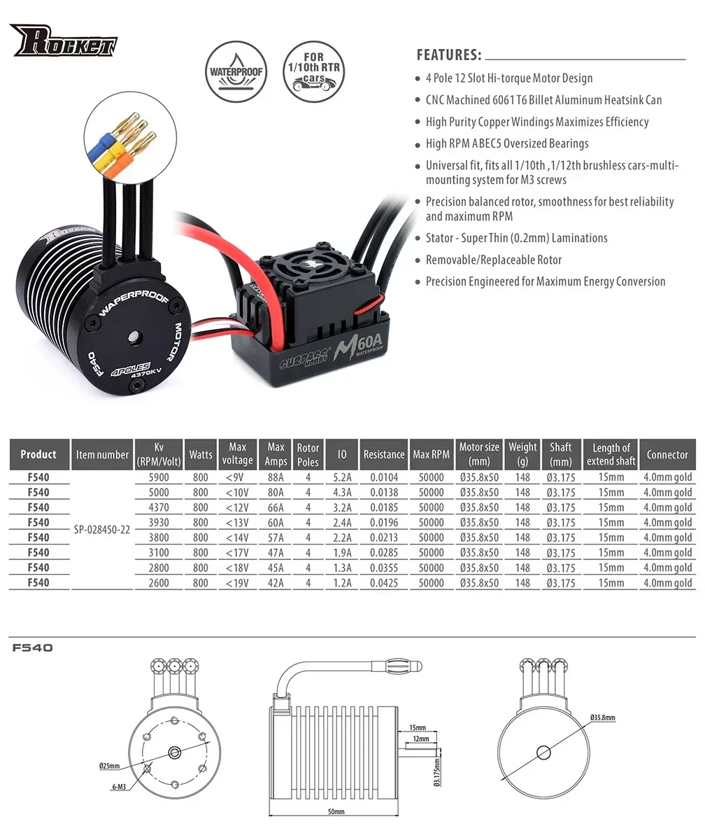 Surpass Hobby Rocket F540 4370KV 3930KV Waterproof Brushless Motor with M 60A ESC for RC Car 1/10 RC Car Truck Traxxas Off-Road