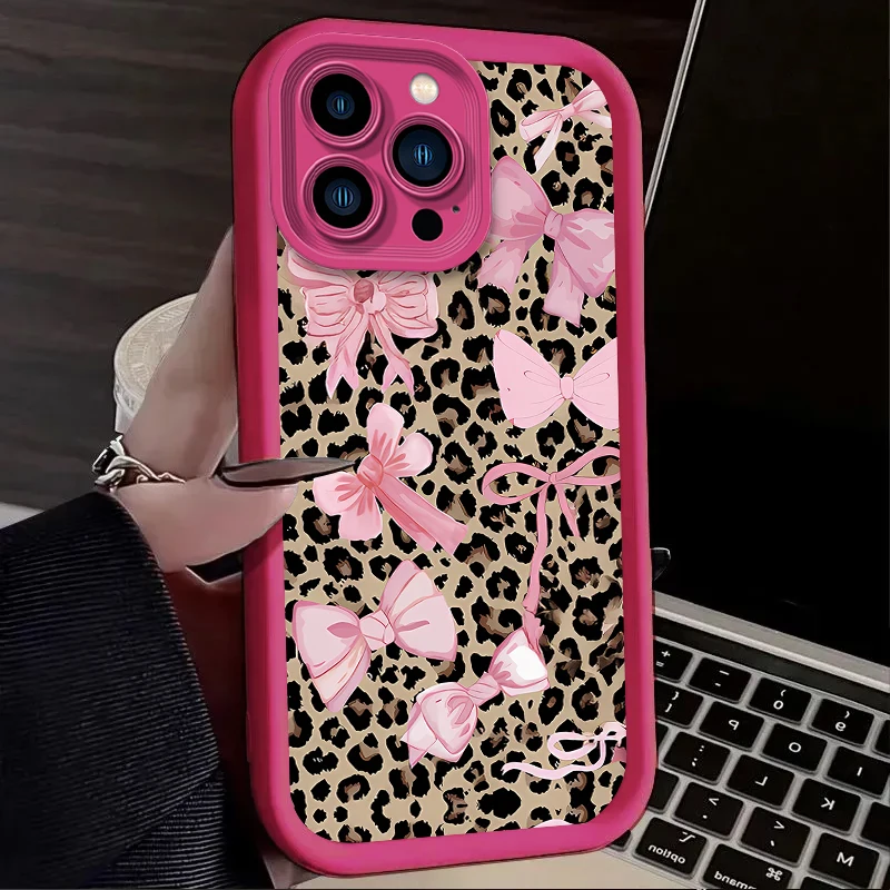 ليوبارد طباعة الوردي القوس قضية الهاتف آيفون 17 الهواء 16 16E 15 14 13 12 11 برو ماكس X XS X S ماكس XR SE 2020 SE4 7 8 غطاء سيليكون