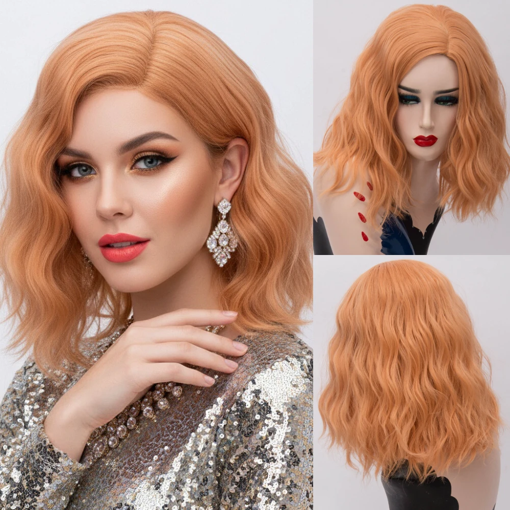 

Короткий волнистый оранжевый парик для женщин, средняя часть, термостойкий, легко стильный для косплей-вечеринки