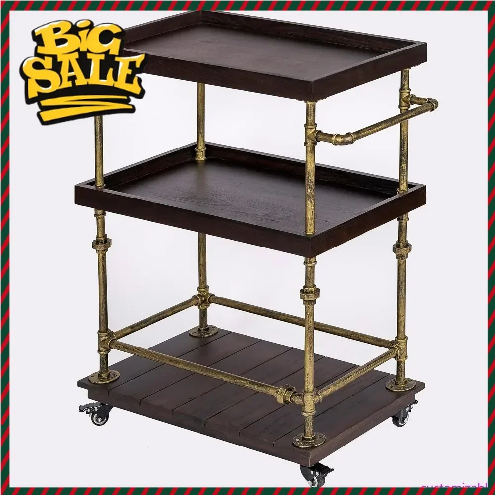 

Горячая распродажа: Трехуровневая тележка для бара в деревенском стиле из массива дерева и металлического каркаса с широкой полкой для вина