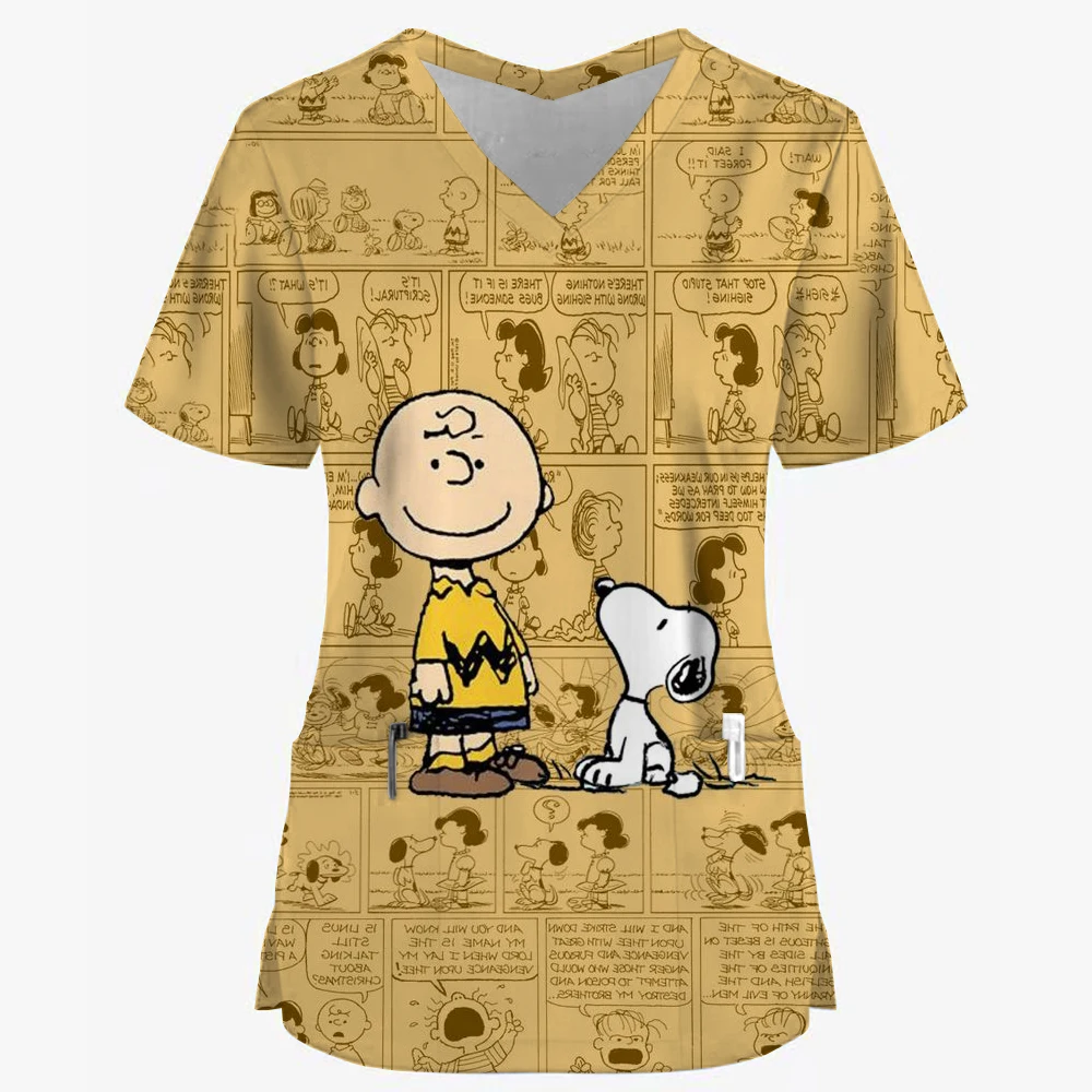 Snoopy print Pet Hospital Work Clothes Women's Short-sleeved Tops Stretch Nurse Uniform Dental Clinic V-neck Surgical Gown cute