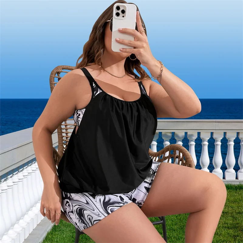 Summer Plus Size Swimsuit Bikinis Two Piece Women Cover Belly Bathing Suits Tummy Control Modest Swimwear with Boyshort Padded