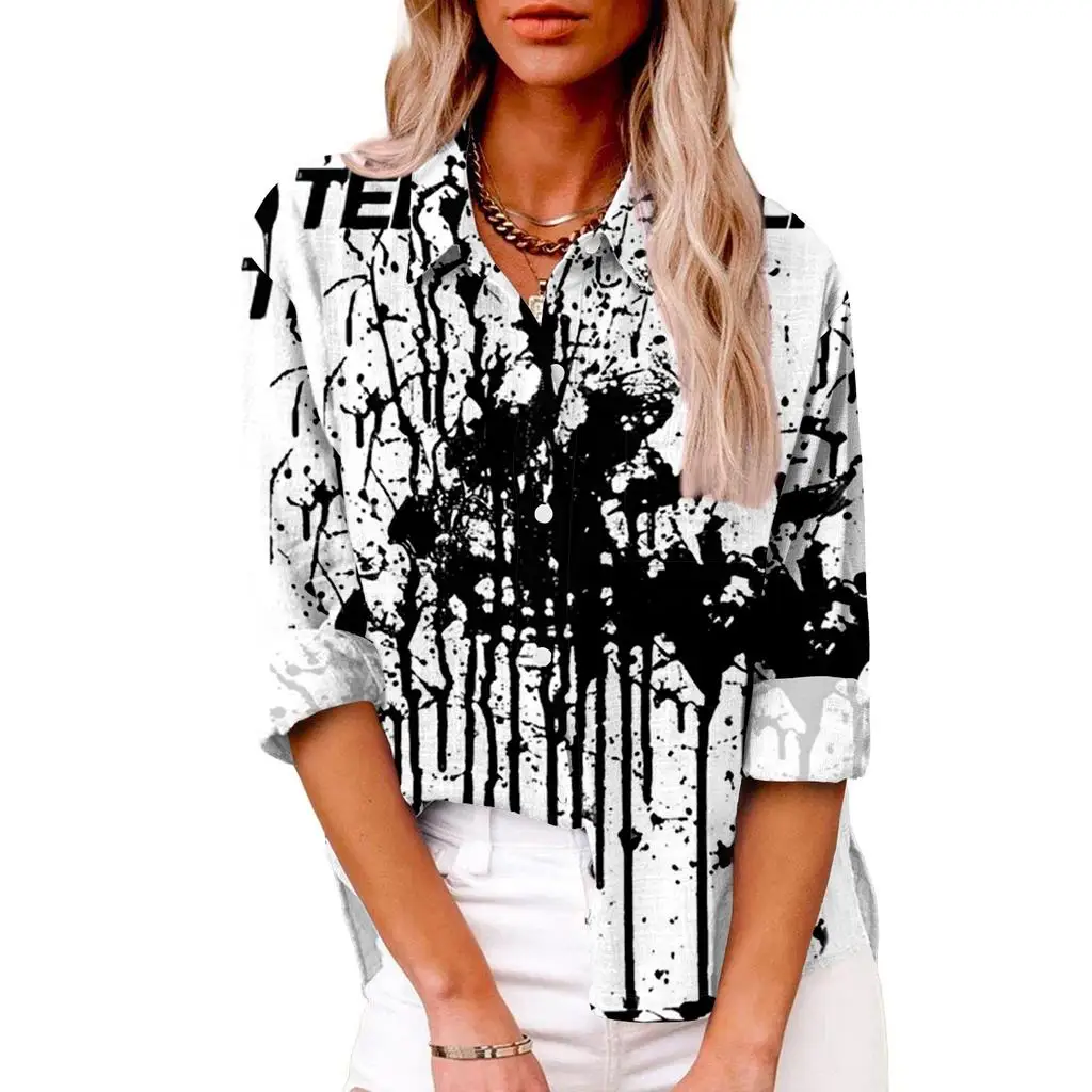 2024 casual lapel halloween shirt tops women hawaiian shirts women blouses 3d bloody print long sleeve shirts