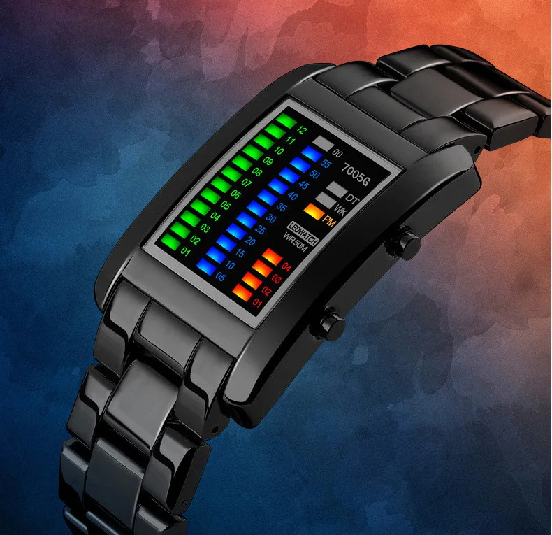 2022 New Fashion Binary Led Watches Men Sports Watches Black Steel Band Multifunctional Electronic Wristwatches Reloj Hombre