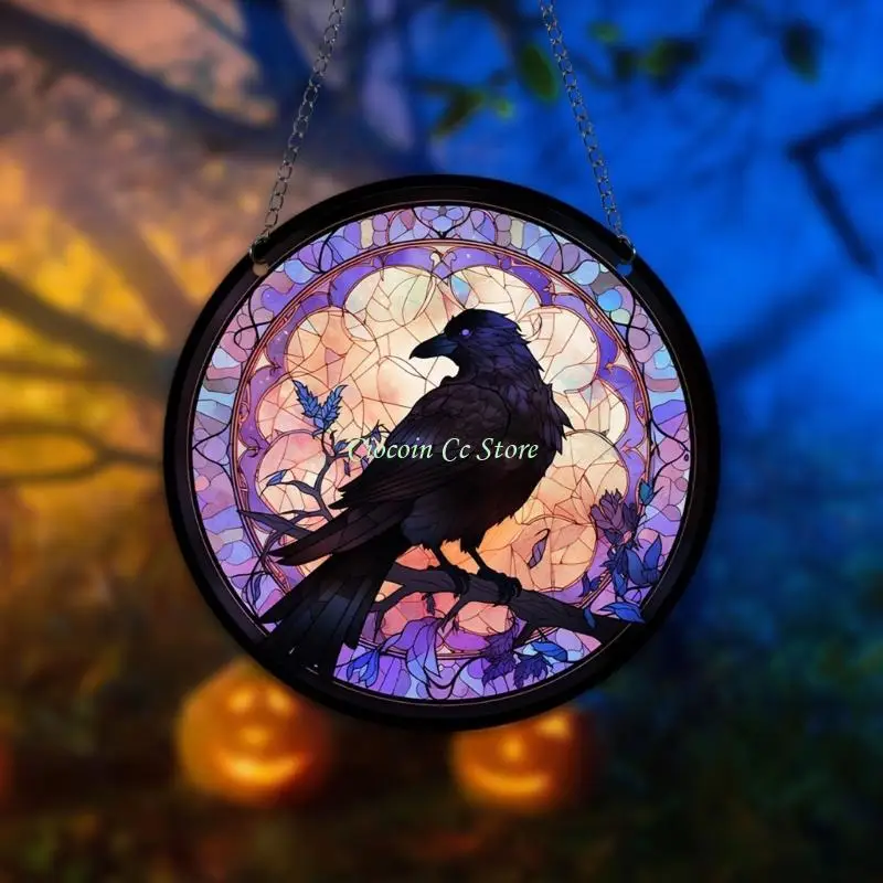 X90F Ravens Stained Glass Suncatchers Wall Hanging Ornament Glass Panel Wall Art Decors Halloween Wall Hangings for Yard Wall