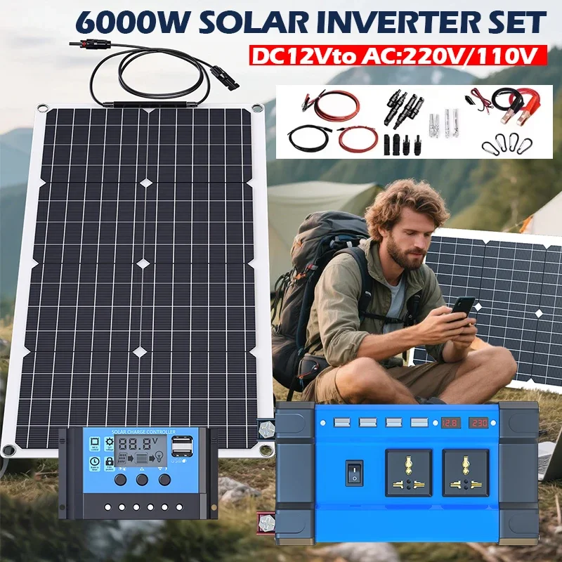 Complete 6000W Solar Power System Set, Includes Dual-Voltage Inverter (110V/220V) & Charger, Suited for House, RV, and Campsite.