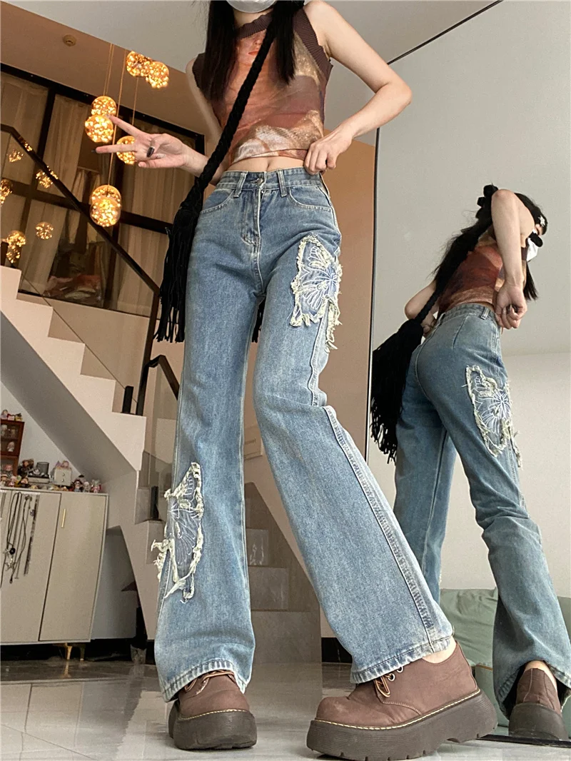 

Y2K Женские синие джинсы Мешковатые джинсовые джинсы с высокой талией Уличная одежда Винтажная мода Oversize Широкий крой Свободный крой Черный готический корейский стиль