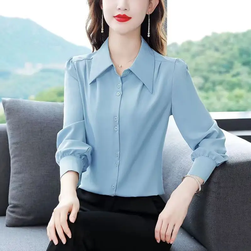 2023 Autumn and Winter New Versatile Commuter Women\'s Clothing Splice Buttons POLO Collar Long Sleeve Solid Color Casual Shirt