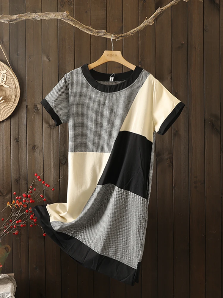 

Летний новый льняной цвет Blo Plaid ort Sve Dr Loose round Ne средней длины Casual T irt Dr Vintage Commute Sle