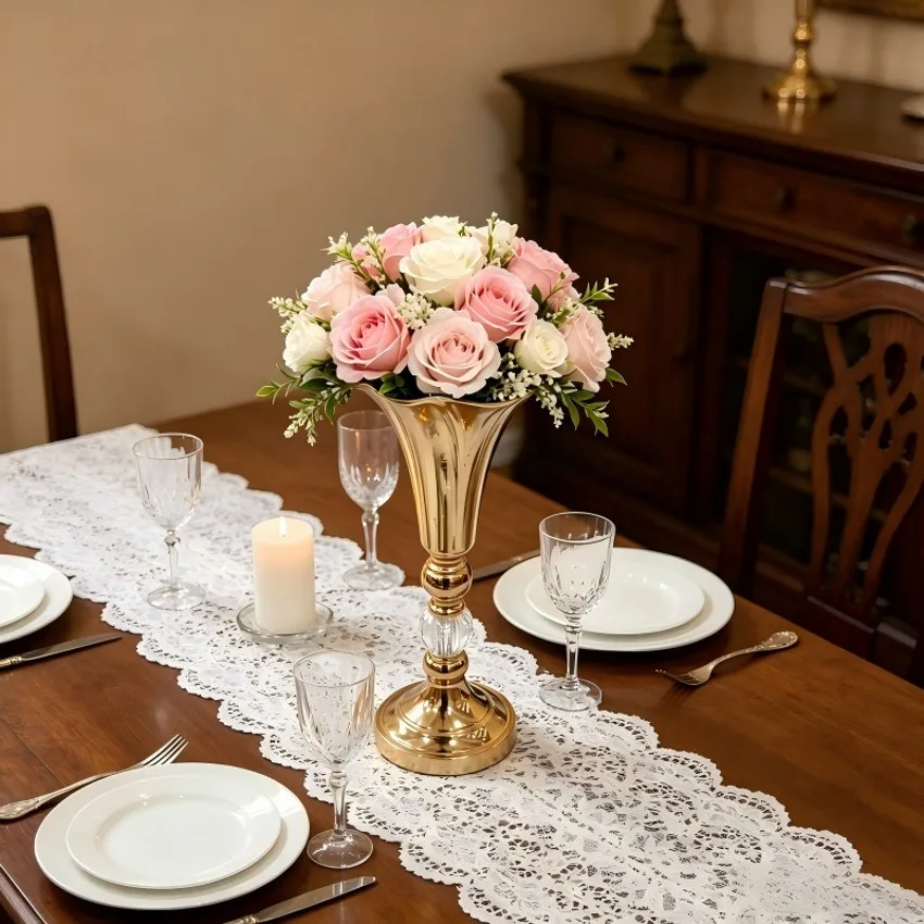 Wedding Centerpiece Gold Flower Vase Metal Trumpet Crystal Elegant Table Centerpiece Dining Table Event Party Decor